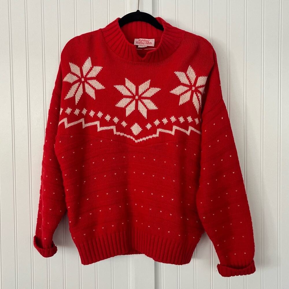 Vintage 80s Red and White Snowflake Sweater Fall River Knitting Mills Heavy Knit